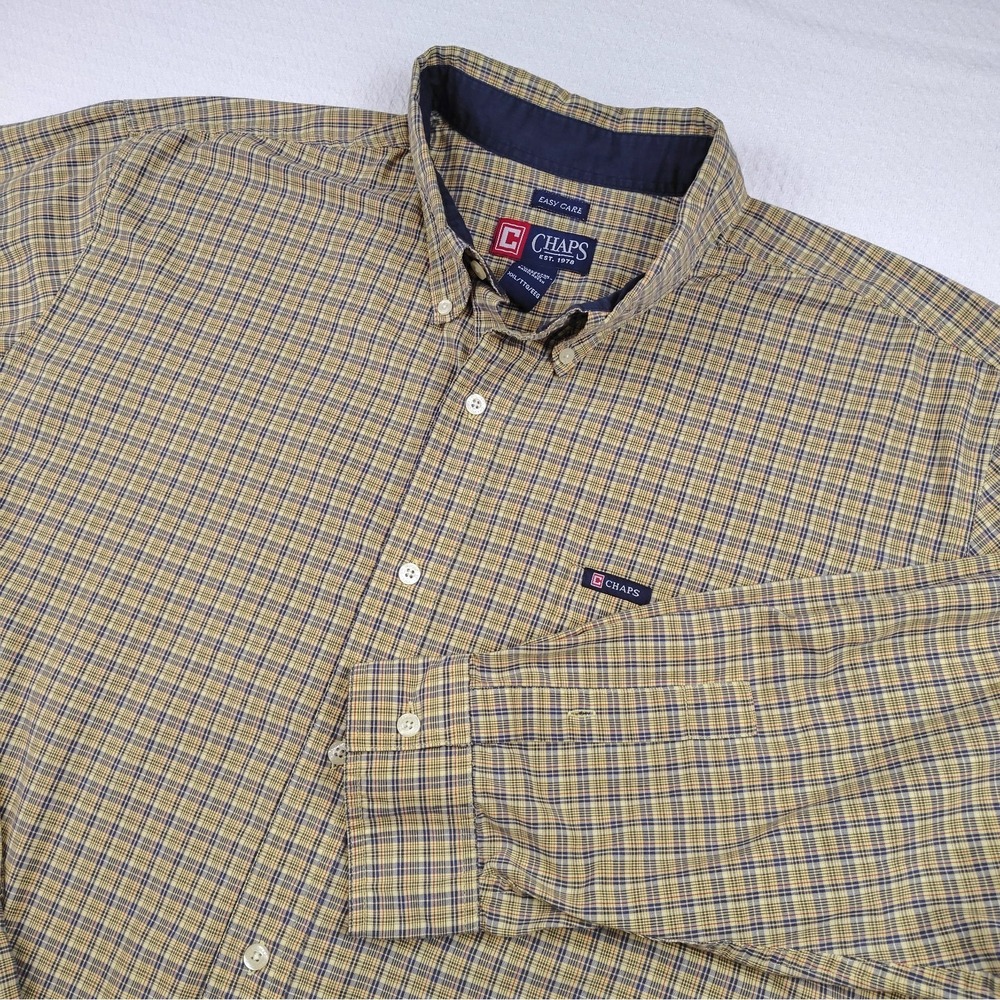 Chaps Men's Large 2XL/XXL Button Front Shirt Gold Blue Long Sleeve Cotton Blend